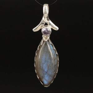 Sterling Silver Labradorite and Tourmaline Navette Pendant